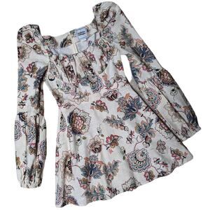 Autumn Adeigbo Catira Ivory Paisley Floral Gathered Sleeve Mini Dress 2 NWT